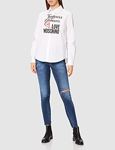 Love Moschino Slim fit Long Sleeved Shirt Stretch Poplin,Hidden Buttons, Yoke and Box Pleat in Back Camiseta, Blanco óptico, 40 para Mujer