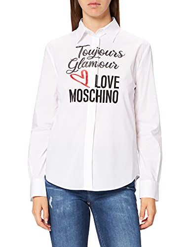 Love Moschino Slim fit Long Sleeved Shirt Stretch Poplin,Hidden Buttons, Yoke and Box Pleat in Back Camiseta, Blanco óptico, 40 para Mujer