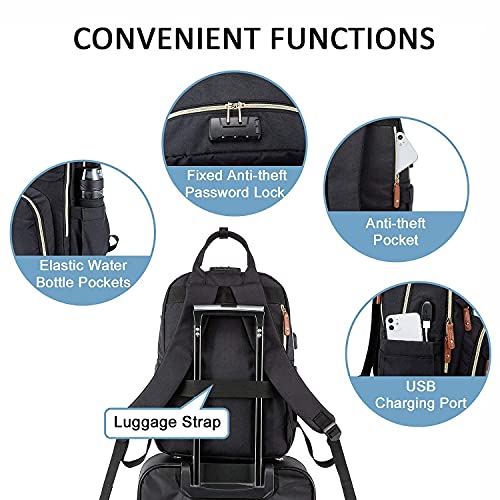 LOVEVOOK Mochila Mujer Antirrobo con Candado Codificado, 15,6 Pulgadas Mochila Portatil,Mochila Mujer Grande con Puerto de Carga USB,Mochila Para Universidad Viajes Trabajo Negocios Profesora, Negro