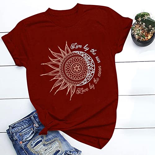 LSEEKA Camiseta de verano con cuello redondo para mujer, camisetas casuales de manga corta, blusas vintage con estampado de sol y luna, rosso, S