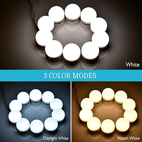 Luces De Espejo De Tocador Maquillaje Led Kit Usb Cable Hollywood, 10 Bombillas Dimmable 3 Modos De Color y 10 De Brillo, Para Diy Maquillaje Espejos Vestidor Baño Luz (Sin Espejo y Cargador Usb)