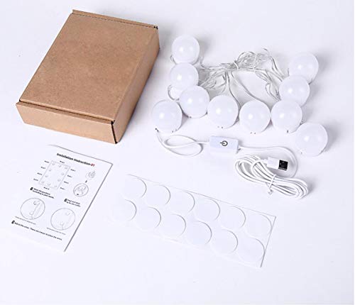Luces De Espejo De Tocador Maquillaje Led Kit Usb Cable Hollywood, 10 Bombillas Dimmable 3 Modos De Color y 10 De Brillo, Para Diy Maquillaje Espejos Vestidor Baño Luz (Sin Espejo y Cargador Usb)