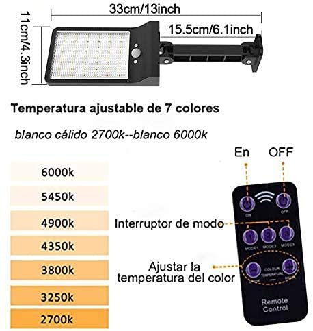 Luces solares al aire libre,brillante 48 LEDs, IP65 impermeable con control remoto,luces solares del sensor de movimiento con 3 modos para el jardín,camino,entrada (1PACK)