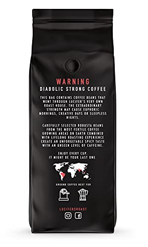 LUCIFER'S ROAST 1kg Espresso de KIQO de Italia - 1kg - café extremadamente fuerte - bajo en ácido - 100% Robusta - 571 mg de cafeína por taza (café molido, 1000g)