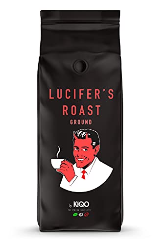 LUCIFER'S ROAST 1kg Espresso de KIQO de Italia - 1kg - café extremadamente fuerte - bajo en ácido - 100% Robusta - 571 mg de cafeína por taza (café molido, 1000g)