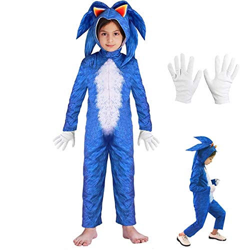 LUCKY Niñas Niños DisfrazSonic Hedgehog Jumpsuit + Tocado + Guantes Traje de lujo (125-140cm / 7-8 años, Azul)