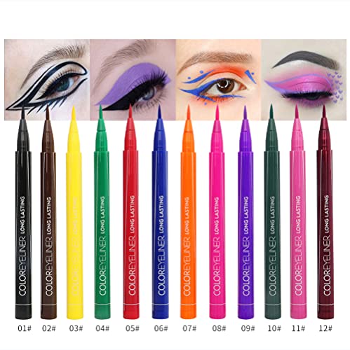 Lucoss Eyeliner Liquido Colores - Delineador de Ojos de Colores - Lapiz de Ojos Waterproof Resistente al Agua 12 Colores Negro Verde Amarillo Rosa Morado Azul