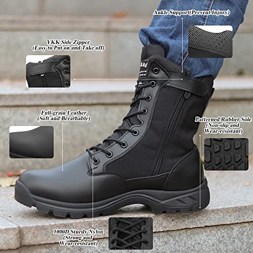 LUDEY Cómodas Botas Tácticas Militares para Hombres Botas de Combate Ligeras Cuero de plena flor/Ante Botas de Montaña Con Cremallera Lateral Model-928-Negro-42EU