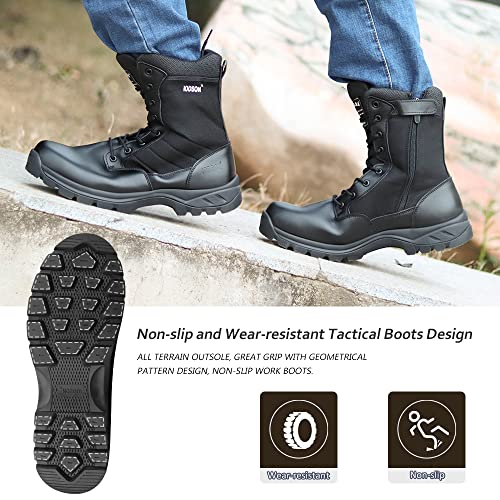 LUDEY Cómodas Botas Tácticas Militares para Hombres Botas de Combate Ligeras Cuero de plena flor/Ante Botas de Montaña Con Cremallera Lateral Model-928-Negro-42EU