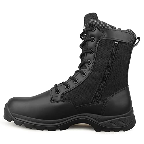 LUDEY Cómodas Botas Tácticas Militares para Hombres Botas de Combate Ligeras Cuero de plena flor/Ante Botas de Montaña Con Cremallera Lateral Model-928-Negro-42EU
