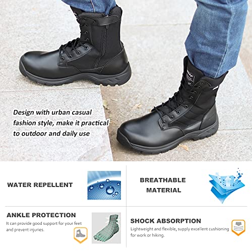 LUDEY Cómodas Botas Tácticas Militares para Hombres Botas de Combate Ligeras Cuero de plena flor/Ante Botas de Montaña Con Cremallera Lateral Model-928-Negro-42EU