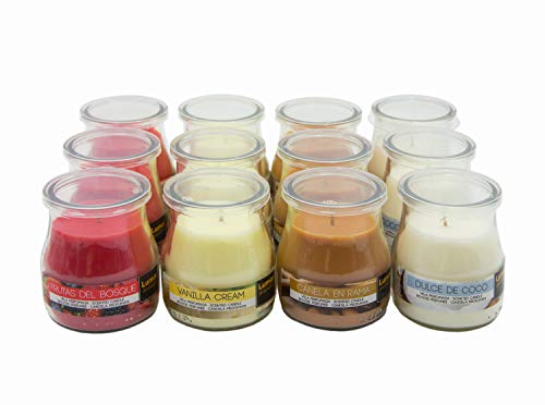 Lumar - Juego de 12 Velas perfumadas Decorativas en Vaso 7 X 6cm. (3 Frutas del Bosque, 3 Canela en Rama, 3 Vainilla Ice, 3 Dulce de Coco)