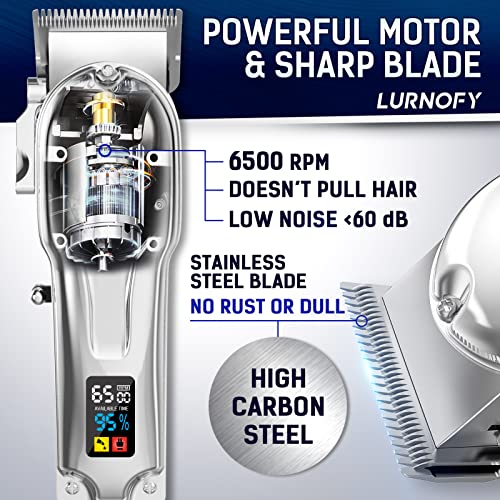 LURNOFY Cortapelos Hombre, Máquina Cortar Pelo Profesional, Recortadora de Barba Recargable, Kit de Corte Inalámbrico con Cuchilla en T, con Pantalla LED, para Peluqueros, Salón, Familia (Plata)