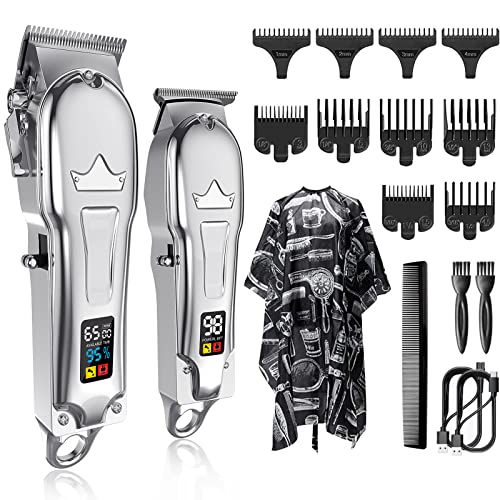 LURNOFY Cortapelos Hombre, Máquina Cortar Pelo Profesional, Recortadora de Barba Recargable, Kit de Corte Inalámbrico con Cuchilla en T, con Pantalla LED, para Peluqueros, Salón, Familia (Plata)