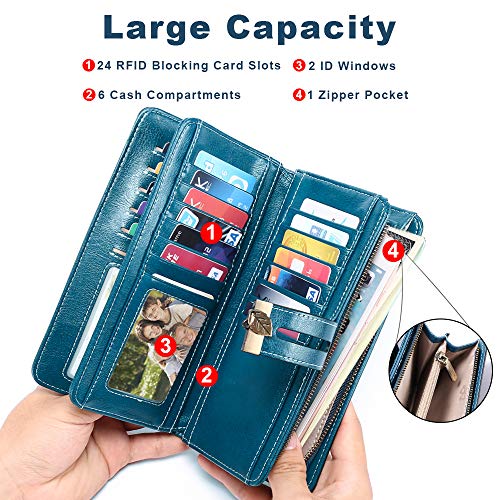 LUROON Carteras Mujer Piel, Monederos Mujer Cuero Gran Capacidad con 24 Ranuras para Tarjetas Bloqueo RFID Billeteras Mujer de Elegante y Moda Billetera Larga Mujercon Cremallera (Azul)