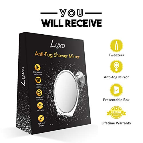 Luxo - Espejo de afeitado para el baño con revestimiento antivaho y una potente ventosa - Espejo para la ducha con soporte para cuchilla y pinzas