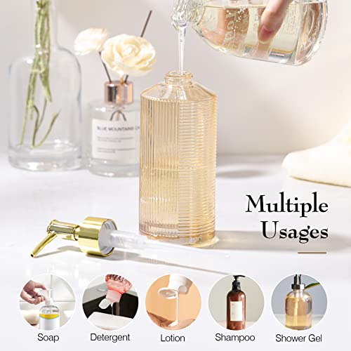 Luxspire 2PZS Dispensadores de Jabón Líquido, 330ML Dosificador Reutilizable Hecho de Vidrio, Botella de Champú para Loción, Gel de Ducha, Jabón de Manos - Oro