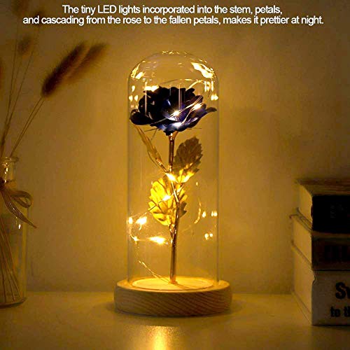 Luz LED de Flor de Rosa conservada con Cubierta de Vidrio y Base de Madera para el cumpleaños de Valentines'Day Cumpleaños de Navidad Aniversario (Azul)