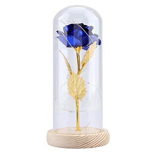 Luz LED de Flor de Rosa conservada con Cubierta de Vidrio y Base de Madera para el cumpleaños de Valentines'Day Cumpleaños de Navidad Aniversario (Azul)