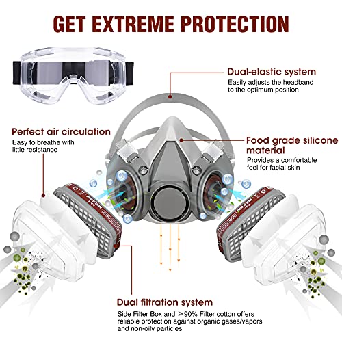 M401 Facial Cubierta Antipolvo, con 2 Caja de Filtro/8 Esponja de Filtro / 1 Gafas Protectoras, contra Polvo/Partículas/Vapor/Gas, Reutilizables, para Proyectos de Renovación, Carpintería, Laboratorio