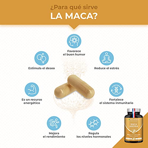Maca Pura Andina Ecológica, 100% Natural, Aumenta Energía, 3 cápsulas al día 1500 mg, 90 Capsulas Vegetales, Hombres y Mujeres, Estimulador Natural, Fabricado en Francia
