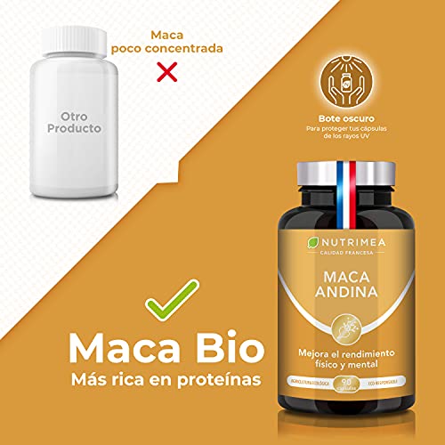 Maca Pura Andina Ecológica, 100% Natural, Aumenta Energía, 3 cápsulas al día 1500 mg, 90 Capsulas Vegetales, Hombres y Mujeres, Estimulador Natural, Fabricado en Francia