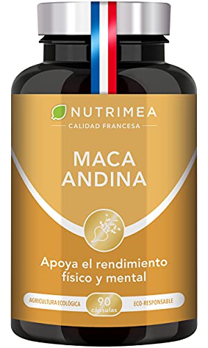 Maca Pura Andina Ecológica, 100% Natural, Aumenta Energía, 3 cápsulas al día 1500 mg, 90 Capsulas Vegetales, Hombres y Mujeres, Estimulador Natural, Fabricado en Francia