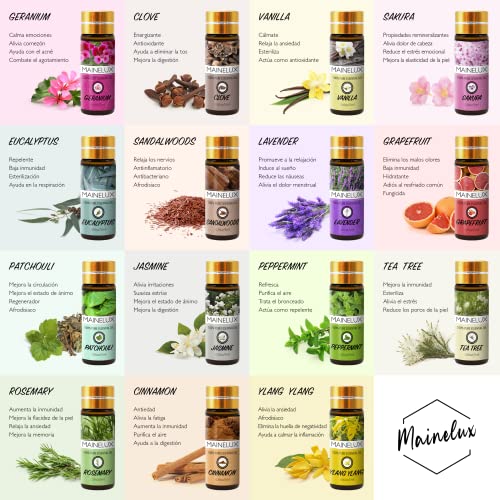 MAINELUX Juego de Aceites Esenciales (15 Piezas 100% Lavanda Pura, Eucalipto, Jazmín, Naranja, Sándalo, Menta, Vainilla, Ylang, árbol de Té, Canela, Romero, Geranio, Clavo, Sakura, Pachuli