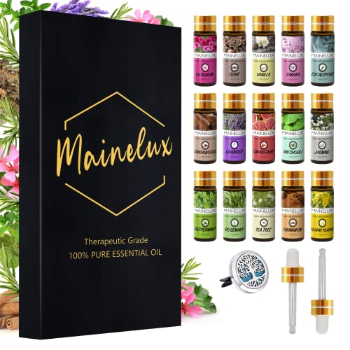 MAINELUX Juego de Aceites Esenciales (15 Piezas 100% Lavanda Pura, Eucalipto, Jazmín, Naranja, Sándalo, Menta, Vainilla, Ylang, árbol de Té, Canela, Romero, Geranio, Clavo, Sakura, Pachuli