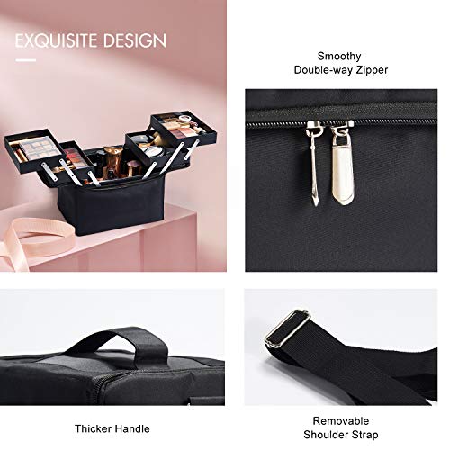 Maletín Maquillaje Neceser Maquillaje Grande Estuche Bolsa Maquillaje de Uñas Beauty Case de Viaje Cosméticos Organizador de Joyero y Manicura Vacío Caja para Mujer con Correa Profesional Negro
