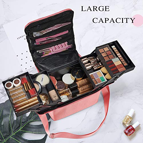 Maletín Maquillaje Neceser Maquillaje Grande Estuche Bolsa Maquillaje de Uñas Beauty Case de Viaje Cosméticos Organizador de Joyero y Manicura Vacío Caja para Mujer con Correa Profesional Rosa