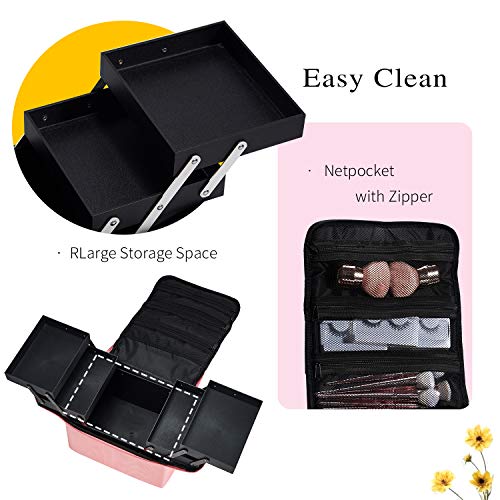Maletín Maquillaje Neceser Maquillaje Grande Estuche Bolsa Maquillaje de Uñas Beauty Case de Viaje Cosméticos Organizador de Joyero y Manicura Vacío Caja para Mujer con Correa Profesional Rosa