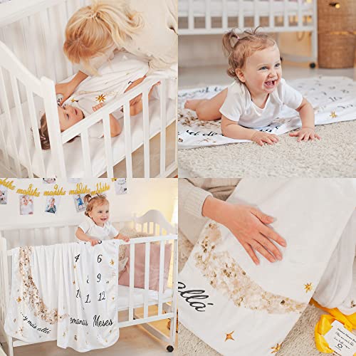 Manta Meses Bebé En Español | Manta Bebe Personalizada, Unisex | De Estrellas Y Luna | Regalo Personalizado De Nacimiento para Nuevas Mamás | Manta Mensual Bebe | Incluye Marcos De Colores