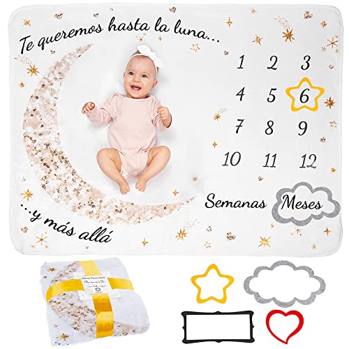 Manta Meses Bebé En Español | Manta Bebe Personalizada, Unisex | De Estrellas Y Luna | Regalo Personalizado De Nacimiento para Nuevas Mamás | Manta Mensual Bebe | Incluye Marcos De Colores