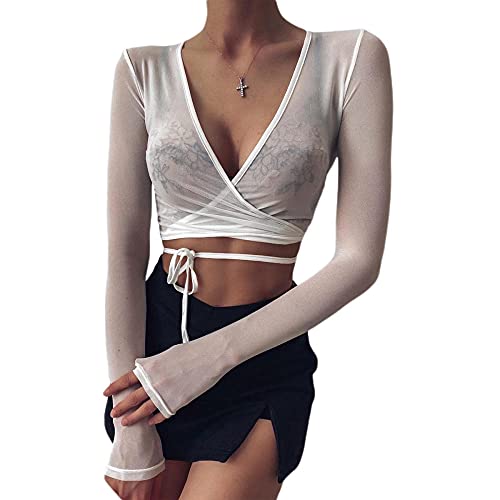 maozuzyy Camiseta De Manga Corta T-Shirt Nuevas Mujeres con Cuello En V Cruzado De Manga Larga Sexy Top De Malla Transparente Camisetas Beach Punk Club Streetwear-Black_M
