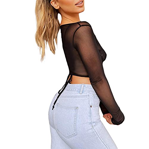 maozuzyy Camiseta De Manga Corta T-Shirt Nuevas Mujeres con Cuello En V Cruzado De Manga Larga Sexy Top De Malla Transparente Camisetas Beach Punk Club Streetwear-Black_M