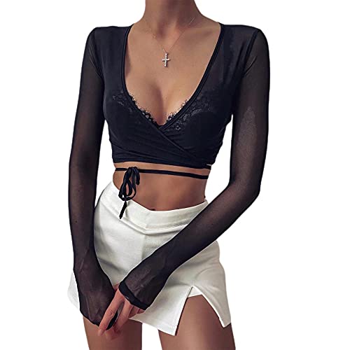 maozuzyy Camiseta De Manga Corta T-Shirt Nuevas Mujeres con Cuello En V Cruzado De Manga Larga Sexy Top De Malla Transparente Camisetas Beach Punk Club Streetwear-Black_M