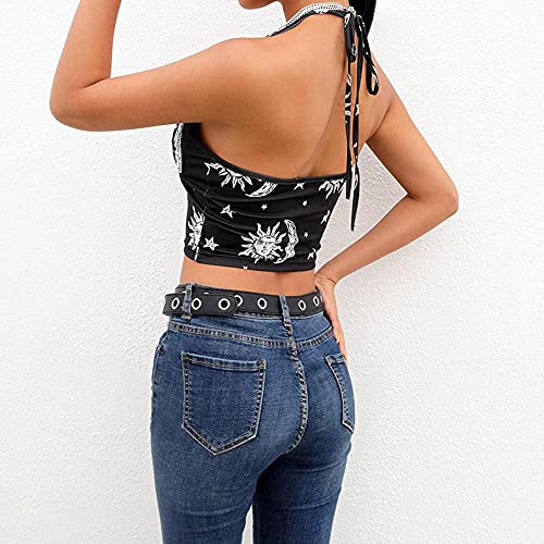maozuzyy Camiseta De Manga Corta T-Shirt Top Corto De Mujer Sexy Top Camis Espalda Abierta con Estampado De Luna Star Party Club Black Streetwear-M