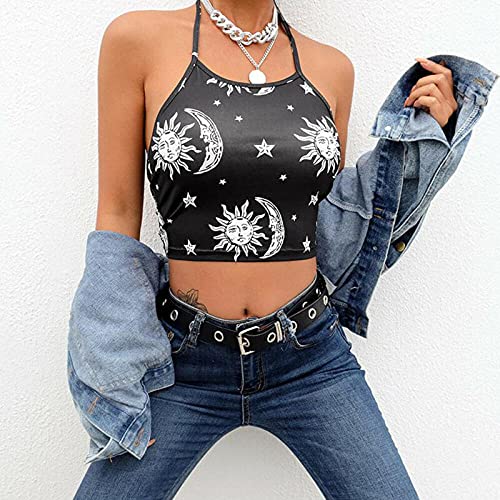 maozuzyy Camiseta De Manga Corta T-Shirt Top Corto De Mujer Sexy Top Camis Espalda Abierta con Estampado De Luna Star Party Club Black Streetwear-M