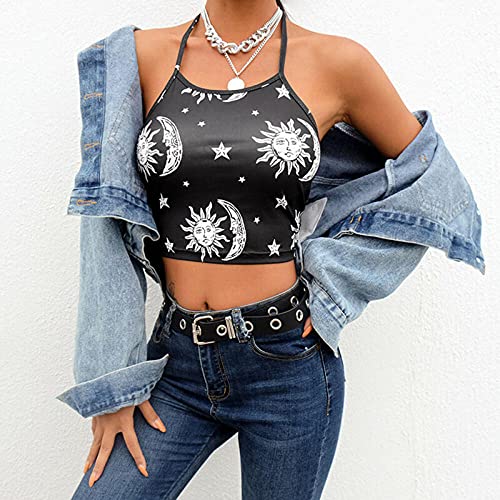 maozuzyy Camiseta De Manga Corta T-Shirt Top Corto De Mujer Sexy Top Camis Espalda Abierta con Estampado De Luna Star Party Club Black Streetwear-M