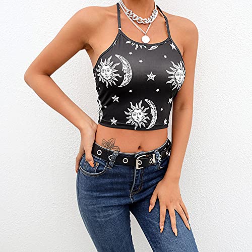 maozuzyy Camiseta De Manga Corta T-Shirt Top Corto De Mujer Sexy Top Camis Espalda Abierta con Estampado De Luna Star Party Club Black Streetwear-M