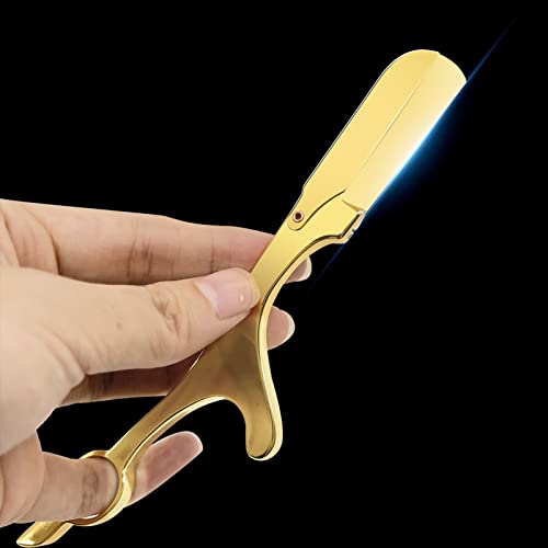 Maquinilla de afeitar de barbero de borde recto Maquinilla de afeitar de dedos profesional para un afeitado suave y seguro con un estuche exquisito Herramienta de modelado de barba clásica Dorado