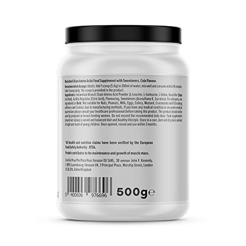 Marca Amazon - Amfit Nutrition Aminoácidos de cadena ramificada (BCAA), sabor a cola, 500 g (anteriormente PBN)