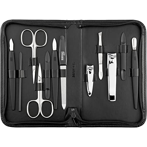 marQus Set de manicura y pedicura de 12 piezas de Solingen Alemania - Set manicura con todo lo necesario para hombre y mujer en estuche de piel sintética color: negro