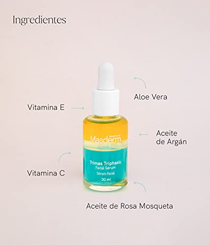 MASDERM | Serum Facial Trifásico Antioxidante | Suavidad Firmeza Iluminación Elasticidad | Antiarrugas Antimanchas Vitamina E | Aloe Vera Rosa Mosqueta | Aceite de Argán | Fórmula innovadora | 30ml