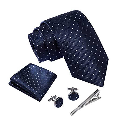 Massi Morino ® Set de corbata (caja regalo para hombres) Corbatas de hombre y pañuelos + gemelos + clip de corbata (Azul oscuro punteado)