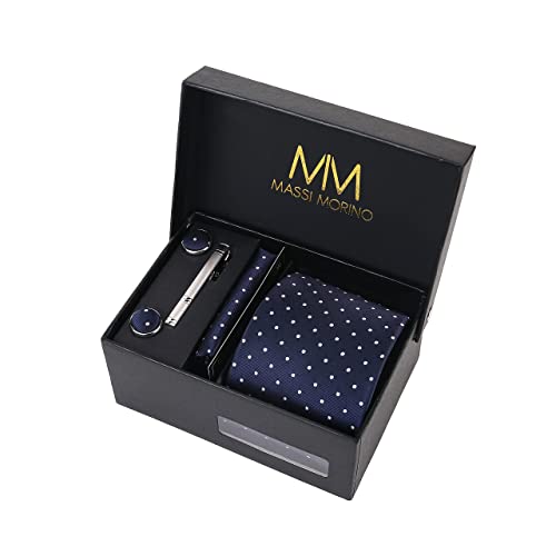 Massi Morino ® Set de corbata (caja regalo para hombres) Corbatas de hombre y pañuelos + gemelos + clip de corbata (Azul oscuro punteado)