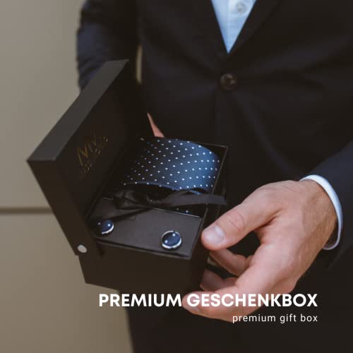 Massi Morino ® Set de corbata (caja regalo para hombres) Corbatas de hombre y pañuelos + gemelos + clip de corbata (Azul oscuro punteado)