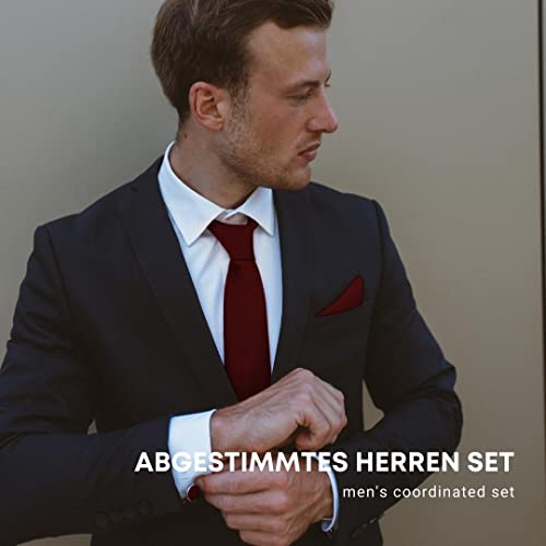 Massi Morino ® Set de corbata (caja regalo para hombres) Corbatas de hombre y pañuelos + gemelos + clip de corbata (Vino Rojo)