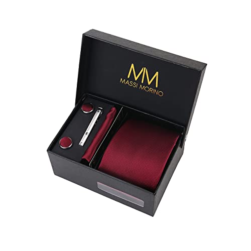 Massi Morino ® Set de corbata (caja regalo para hombres) Corbatas de hombre y pañuelos + gemelos + clip de corbata (Vino Rojo)